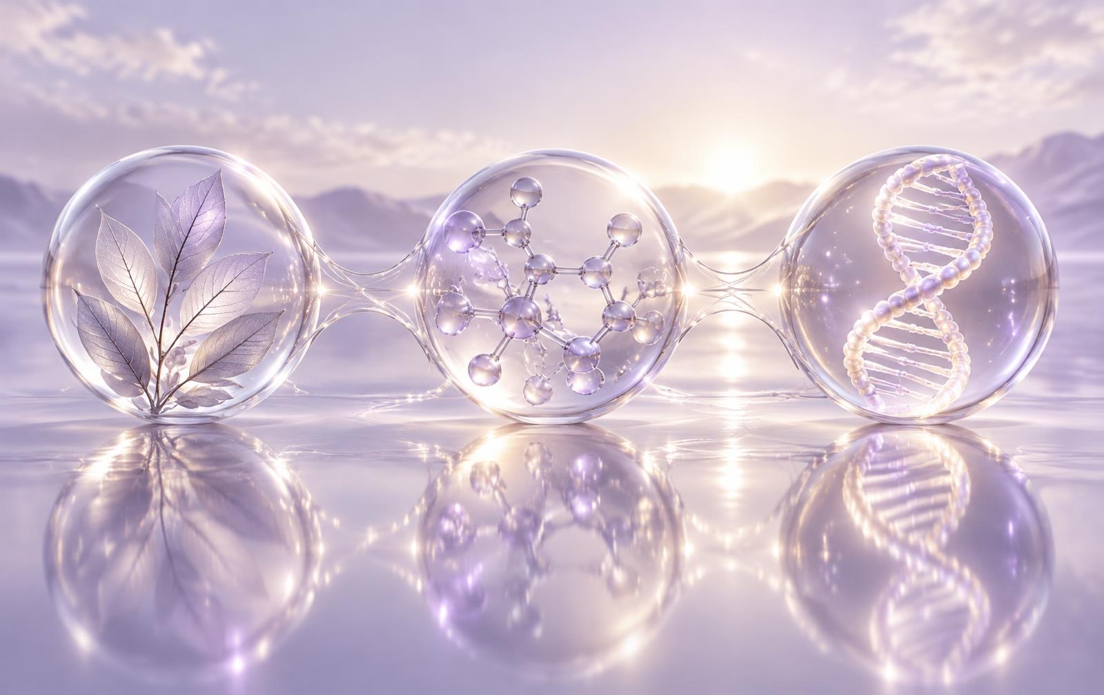 Three connected glass spheres holding leaves, a molecule and a DNA helix