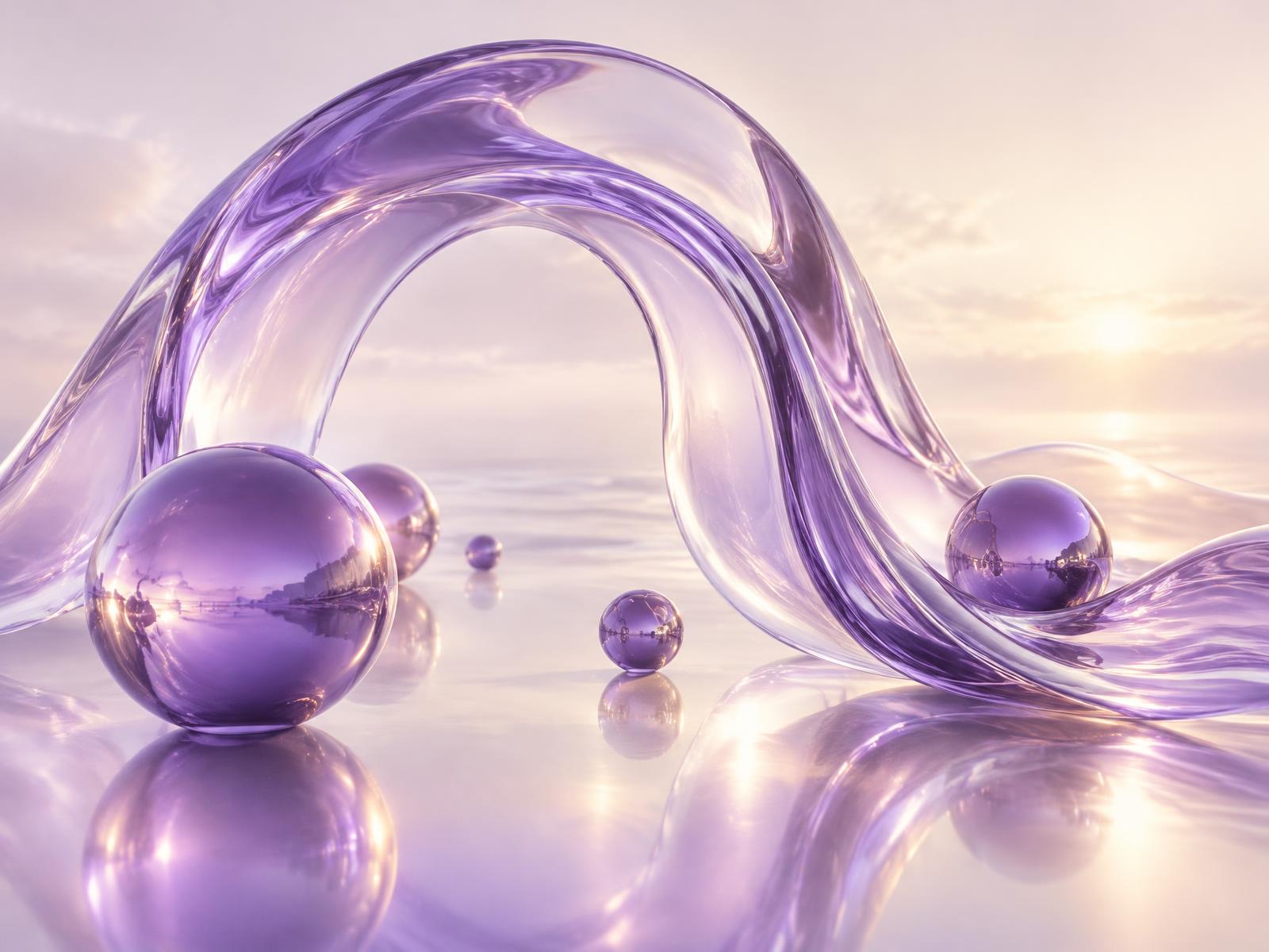 Translucent violet liquid-glass arch with reflective spheres on a luminous horizon