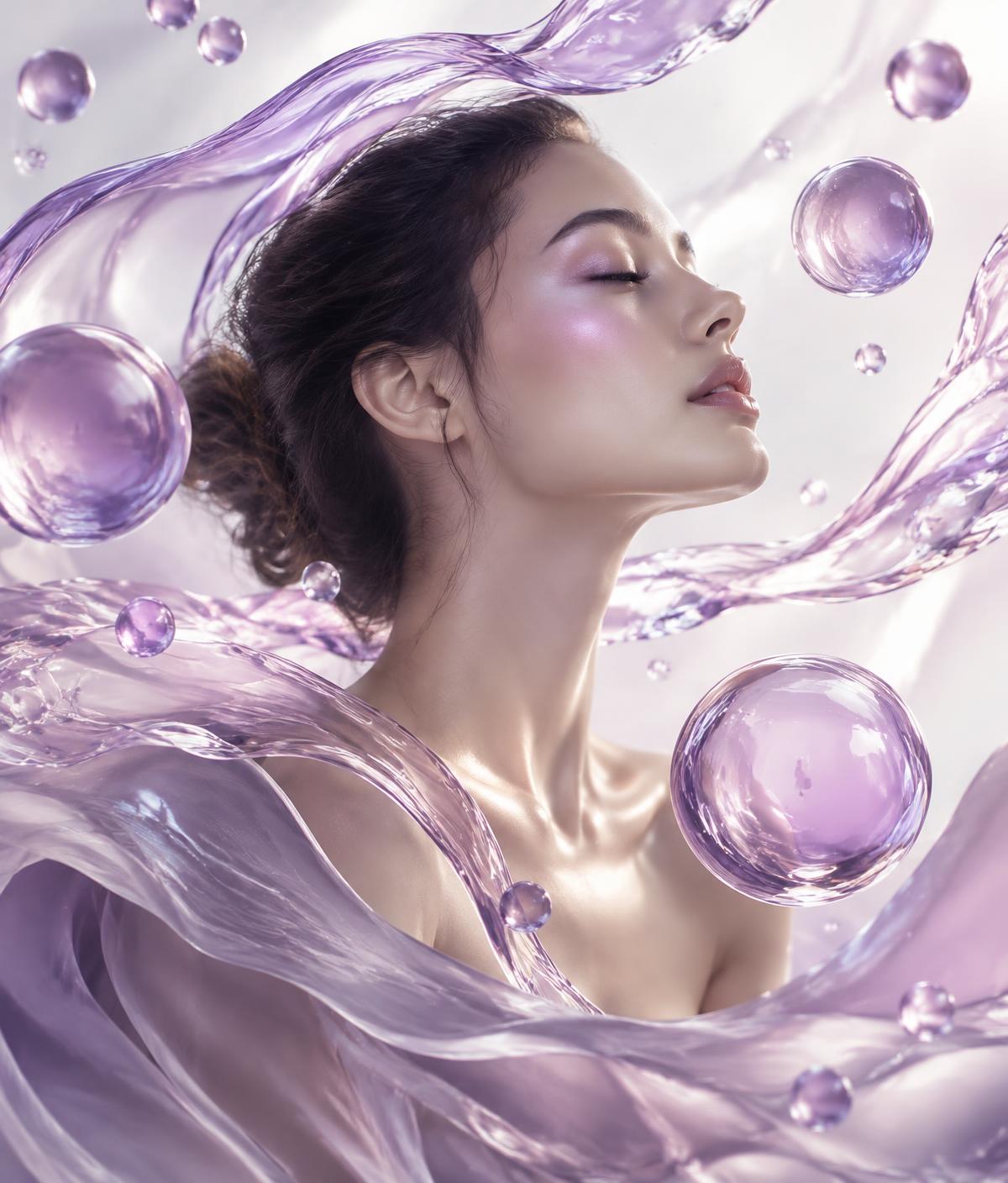 Serene profile surrounded by translucent violet ribbons and floating spheres